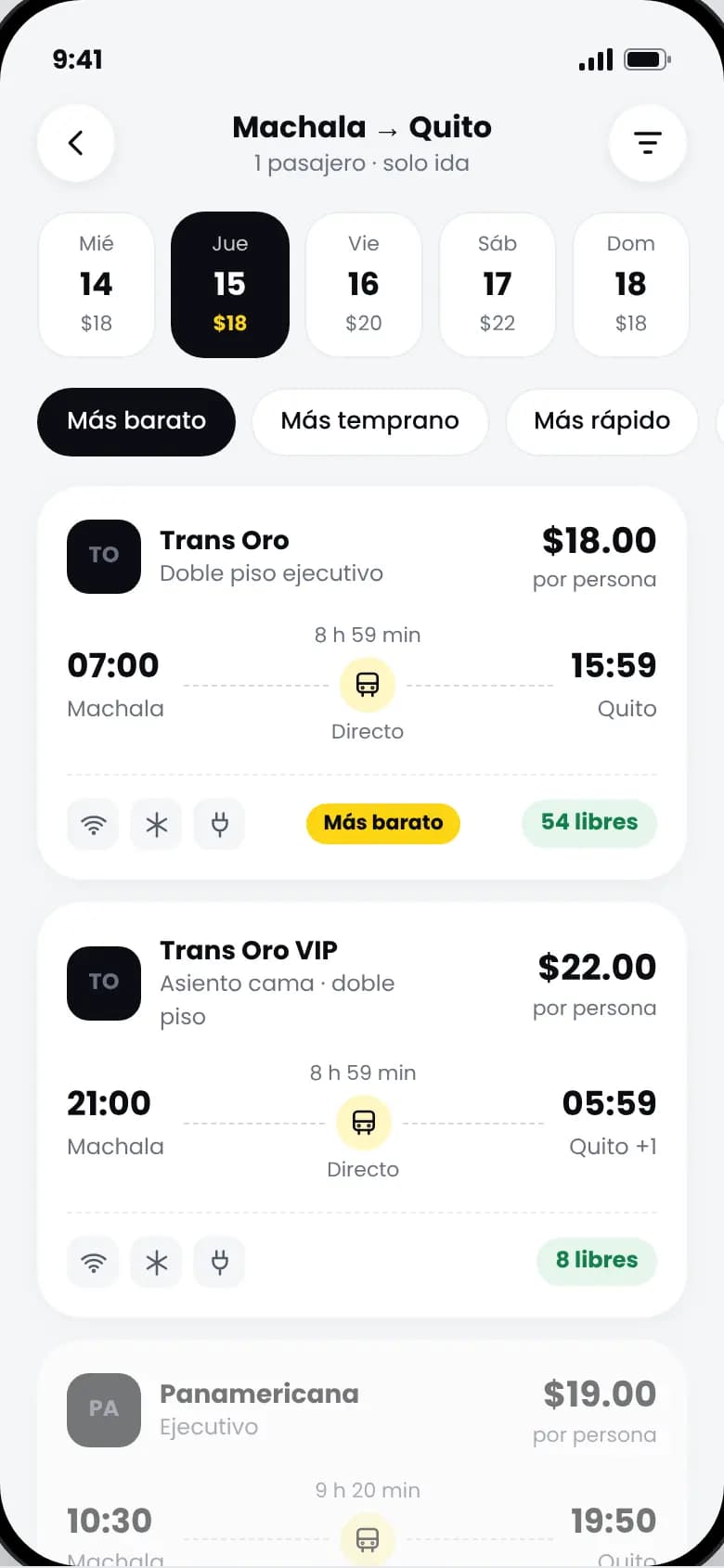 Pantalla de resultados con horarios y precios de varias cooperativas