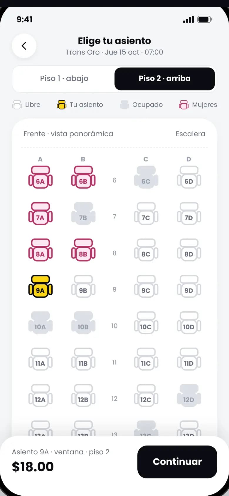 Mapa de asientos del bus de dos pisos