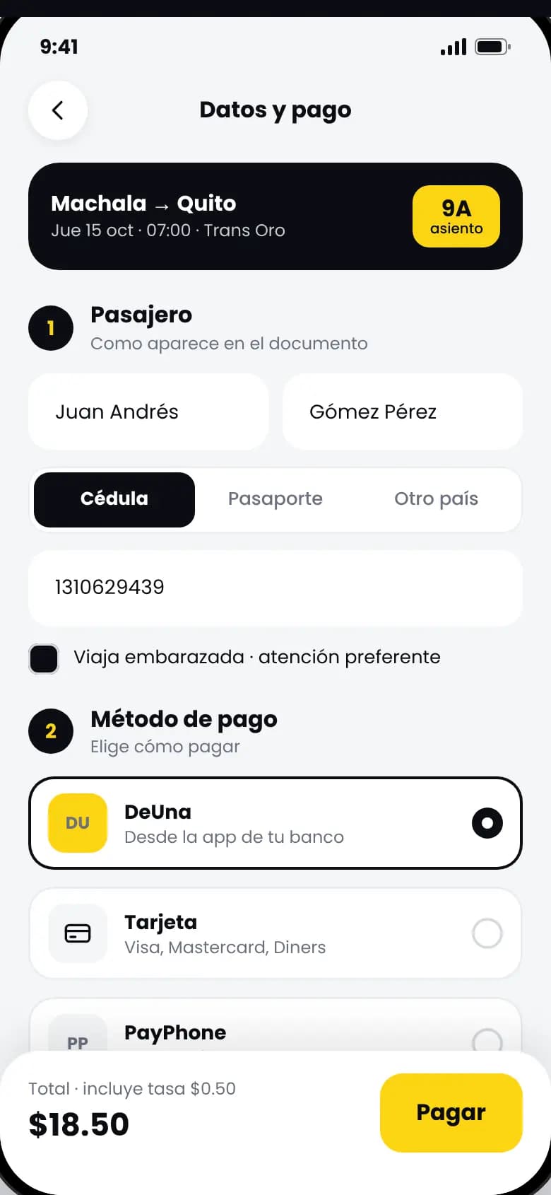 Pantalla de pago con DeUna, tarjeta y PayPhone