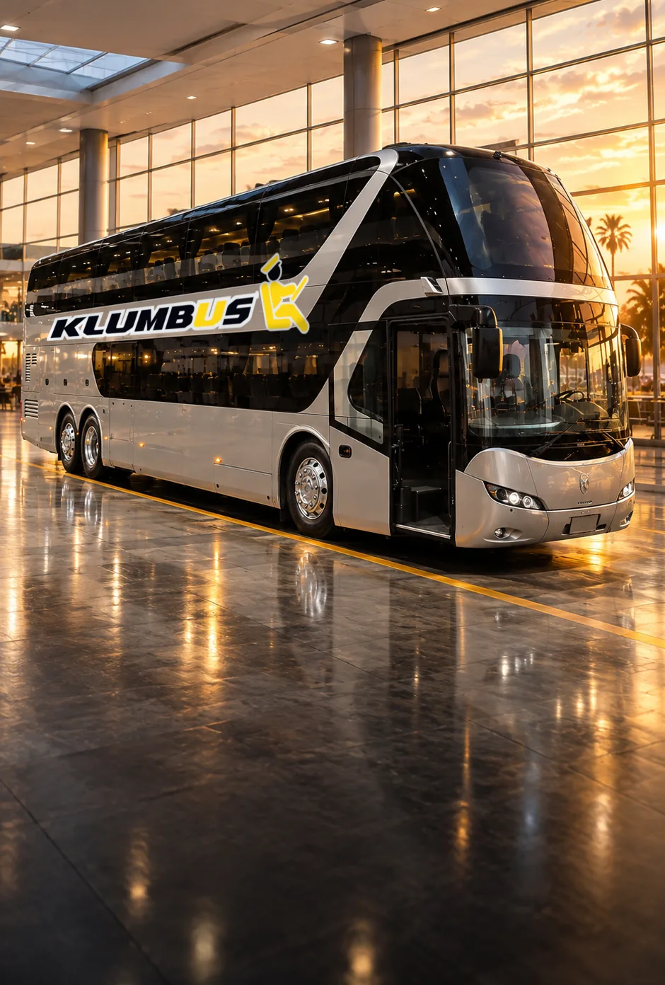 Bus de dos pisos de Klumbus en la terminal al atardecer